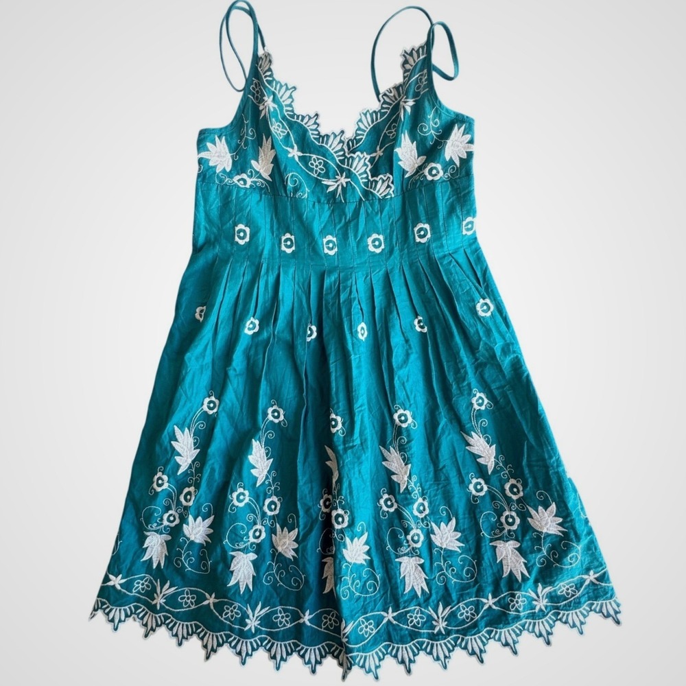 Type Z Teal Cotton Embroidered Sundress‎ White Floral Scalloped Hem H51081 M